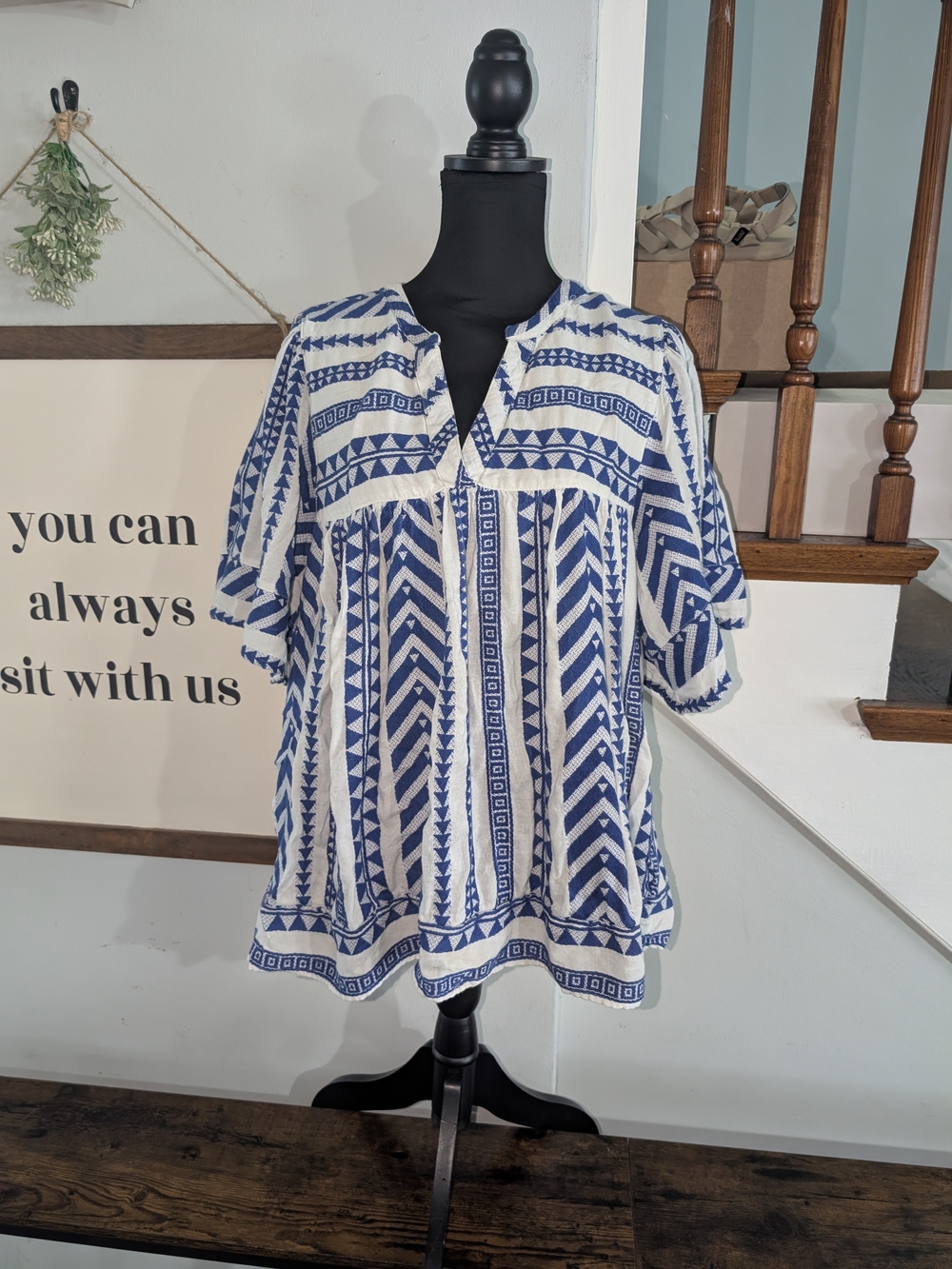 Old Navy Blue & White Patterned Women’s Peasant Top XXL